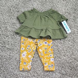 Carter's Olive Ruffle Top and Mustard Floral Leggings